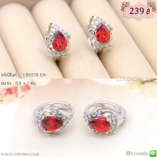 LB6578-EH ต่างหูห่วงสีเงินประดับคริสตัลสีแดง