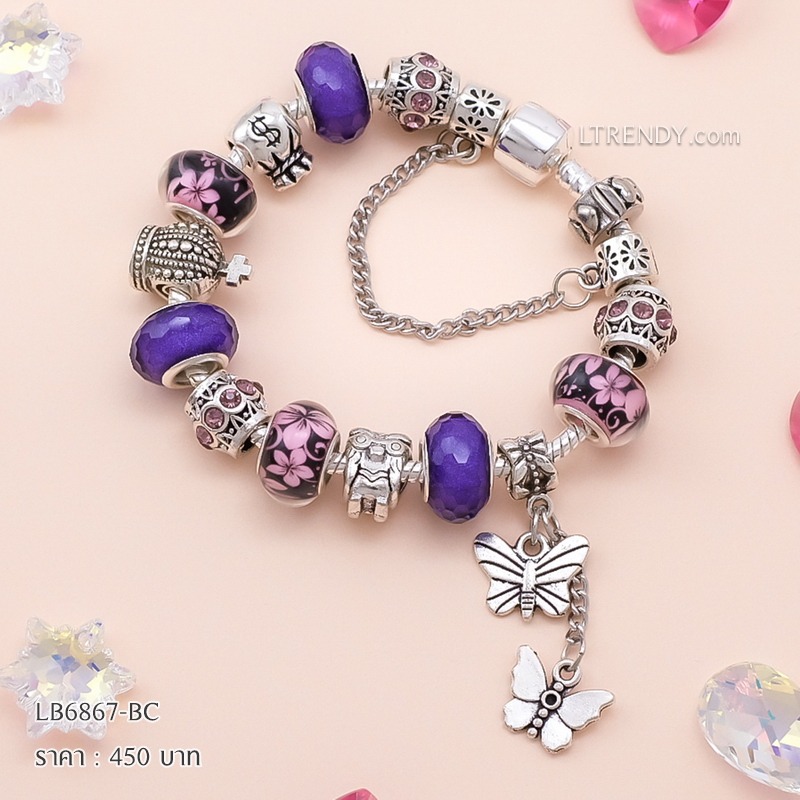 LB6867-BC กำไลชาร์มโทนม่วงเซตผีเสื้อดอกไม้