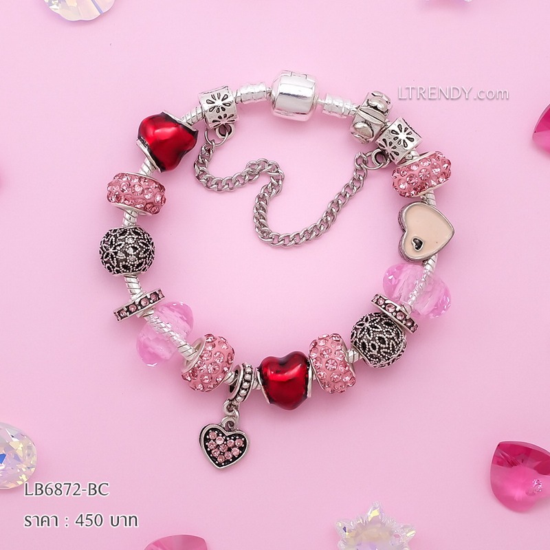 LB6872-BC กำไลชาร์มโทนชมพูเซตหัวใจแดง