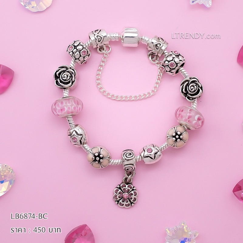 LB6874-BC กำไลชาร์มโทนชมพูเซตดอกกุหลาบ