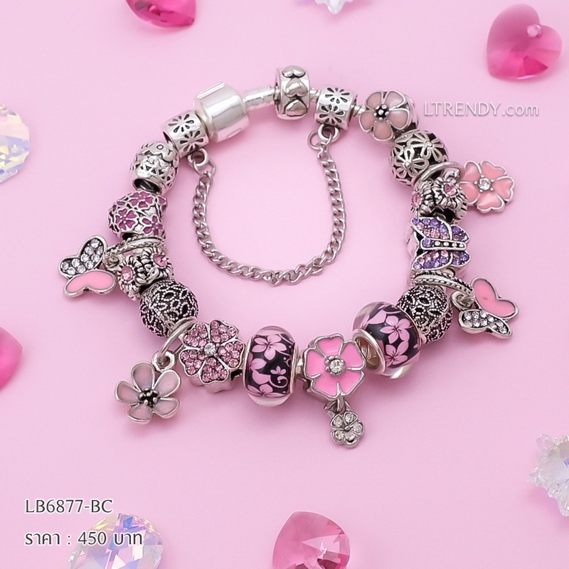 LB6877-BC กำไลชาร์มโทนชมพูเซตดอกไม้