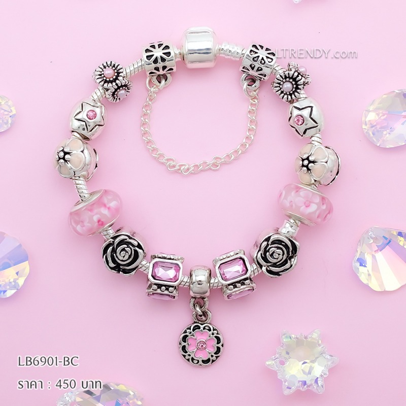 LB6901-BC กำไลชาร์มโทนชมพูเซตดอกกุหลาบ
